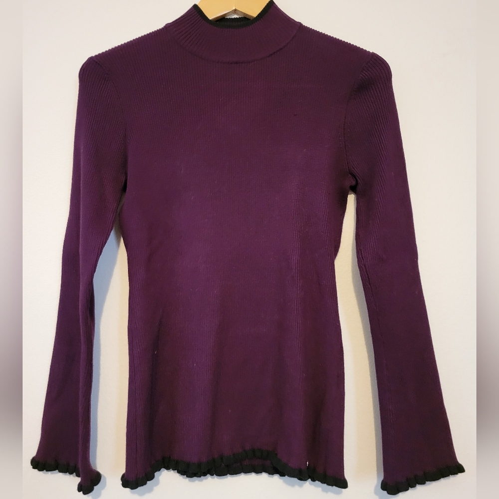 Calvin Klein Mock Neck Ribbed Sweater with Contrast Color Lettuce Edge Trim